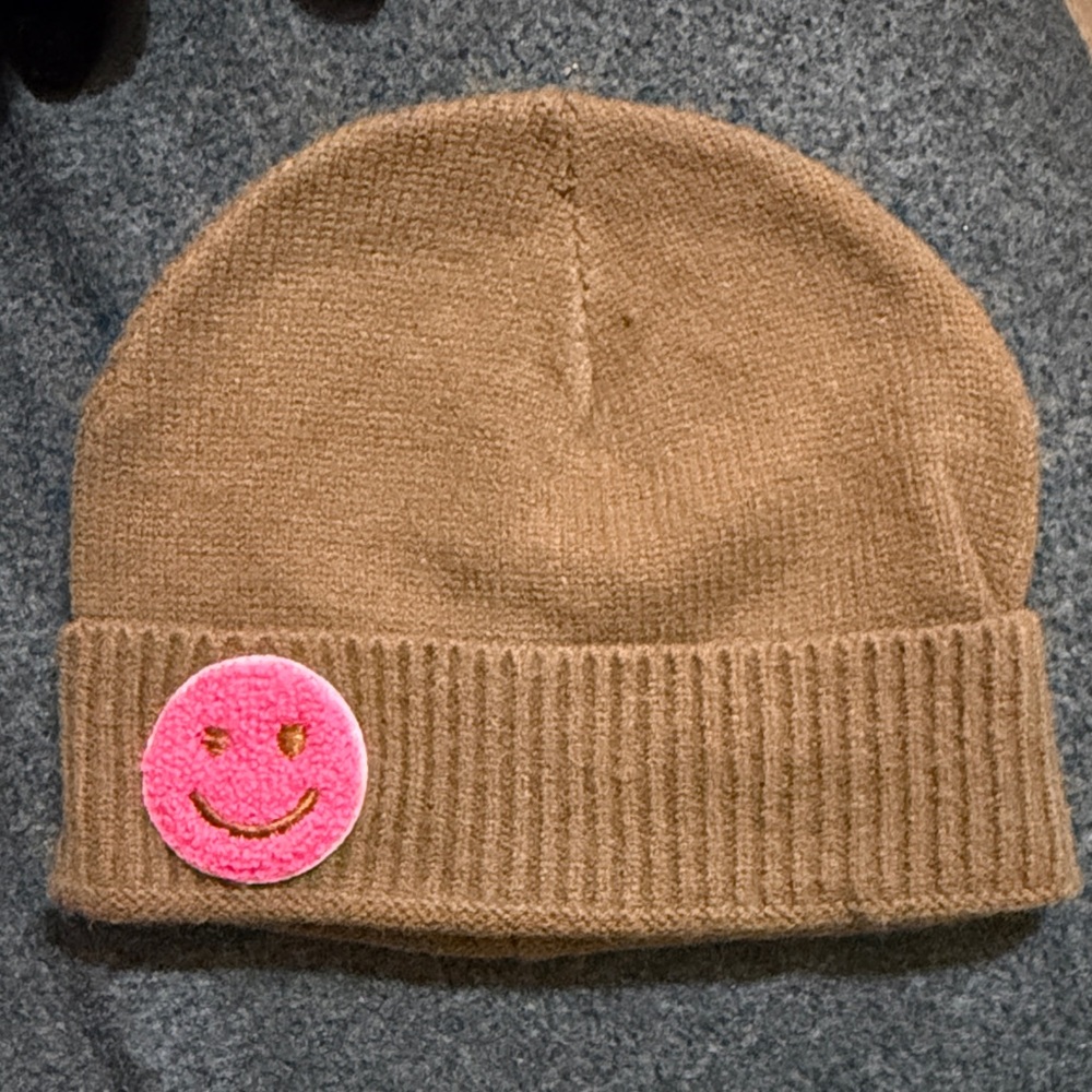 Topshop Tan Hat with Pink Smiley